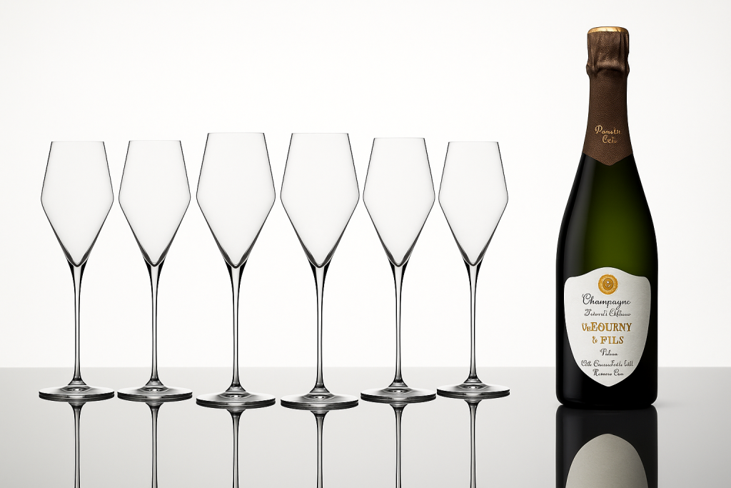 Bouteille de Champagne Blanc de la Maison Veuve Fourny & Fils accompagnée de six verres à Champagne vides.